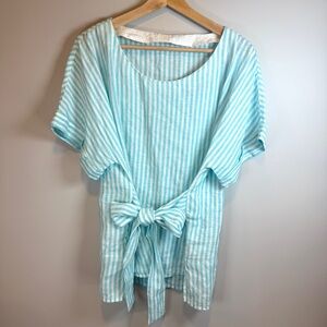 120% Lino Linen Blouse Tie Front Short Sleeve Aqua & White Stripe Euro 46/XL
